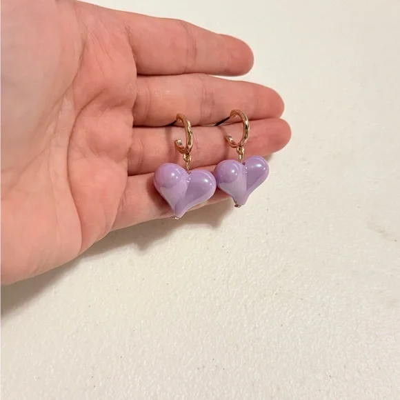 Gold and Purple Heart Earrings - Picture 4 of 7